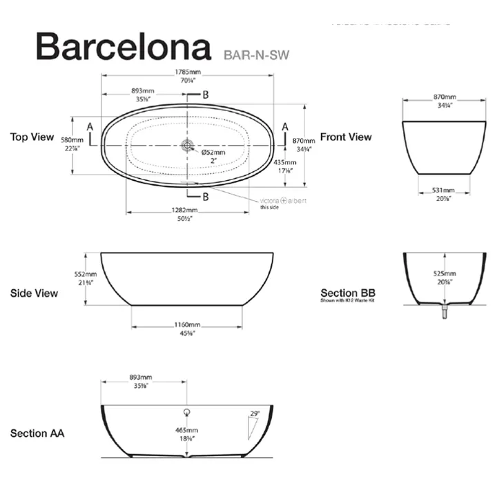 Barcelona 1800 Freestanding bath 1800 x 865mm, without overflow, with void under bath image