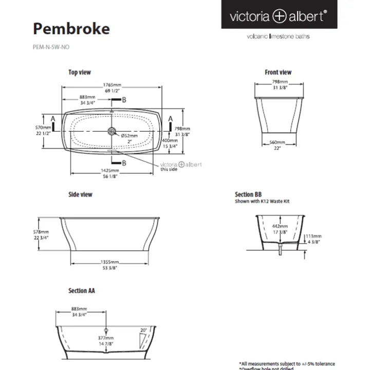 Pembroke Freestanding bath 1765 x 798mm, without overflow image