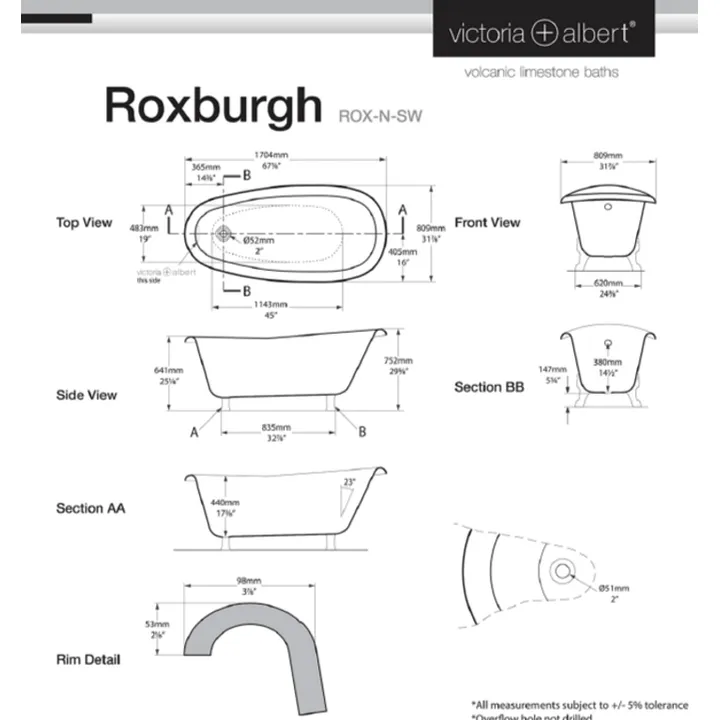 Roxburgh Claw foot bath 1704 x 809mm, without overflow, with White Quarrycast feet image