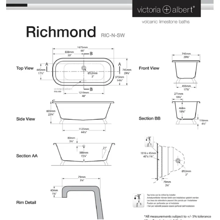 Richmond Claw foot bath 1675 x 745mm, without overflow, with White Quarrycast feet image